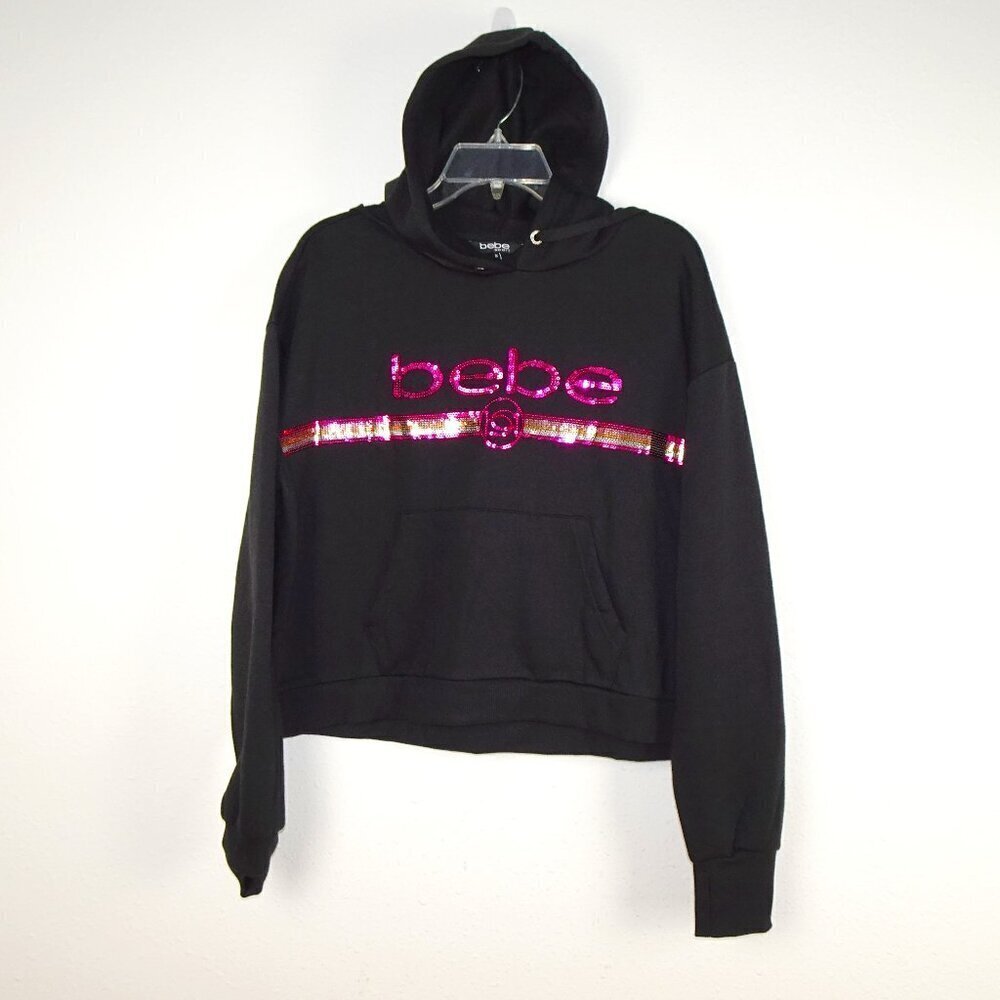 Bebe Logo Hoodie Women's Plus Size 1X Black Sequin Logo Popover Sweatshirt
